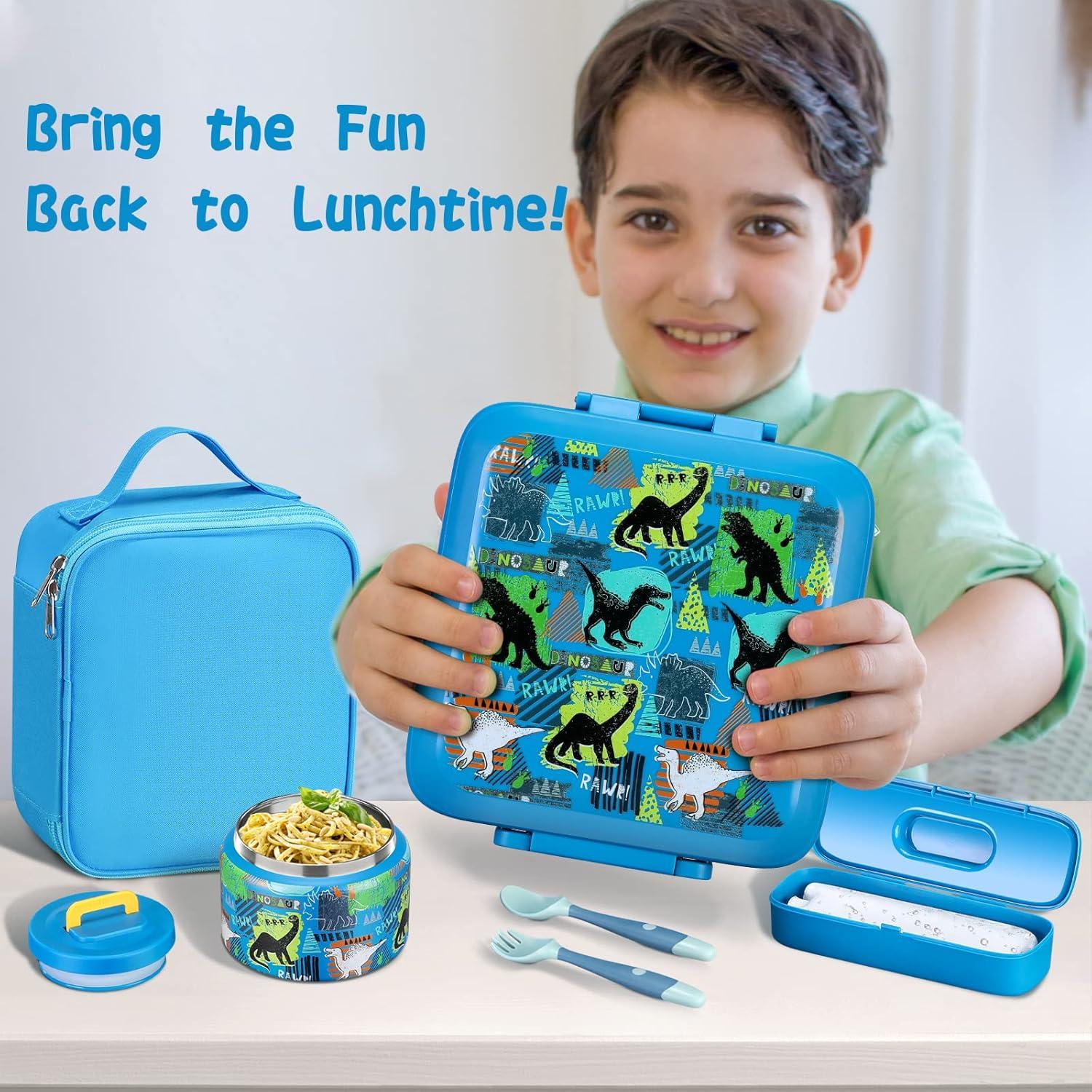 Bento Lunch Box for Kids With 8oz Soup thermo,Leak-proof Lunch Containers with 5 Compartment,thermo Food Jar and Lunch Bag, Food Containers for School (A-Blue(Dinosaur))