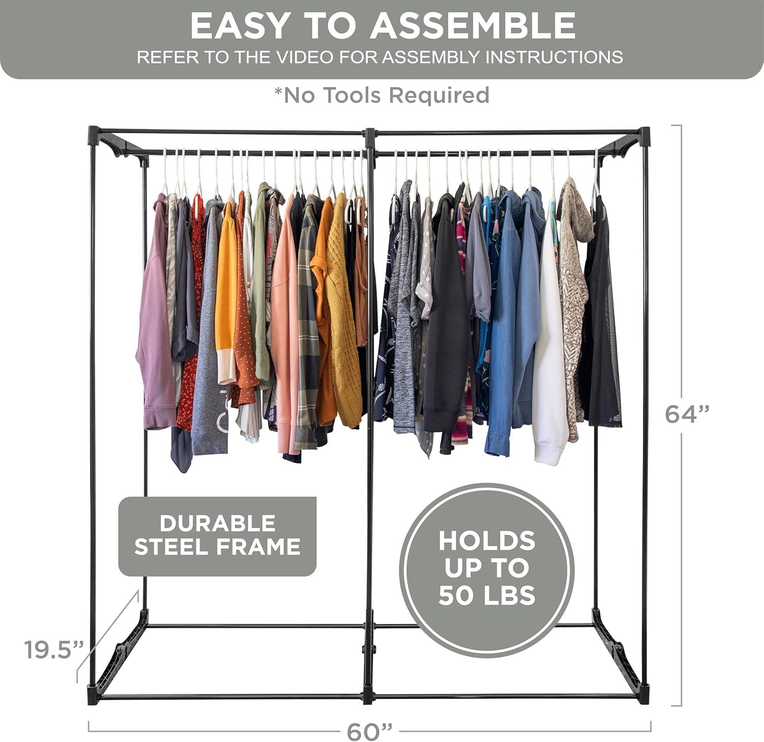 HOLDN’ STORAGE Portable Wardrobe Closet, Large - Premium Heavy Duty Metal Hanging Rod with Black Cover- 50 Lb. Weight Capacity- Super Easy Assembly, No Tools Required