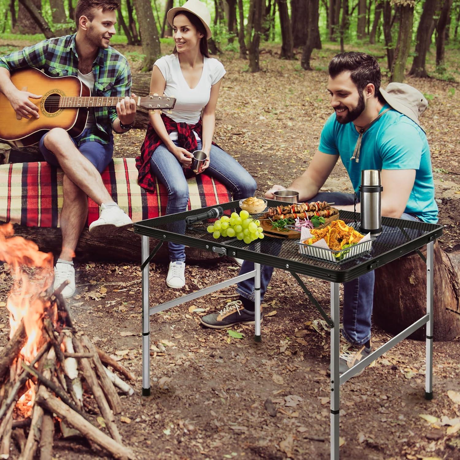 Black Adjustable Height Folding Grill Table with Metal Mesh