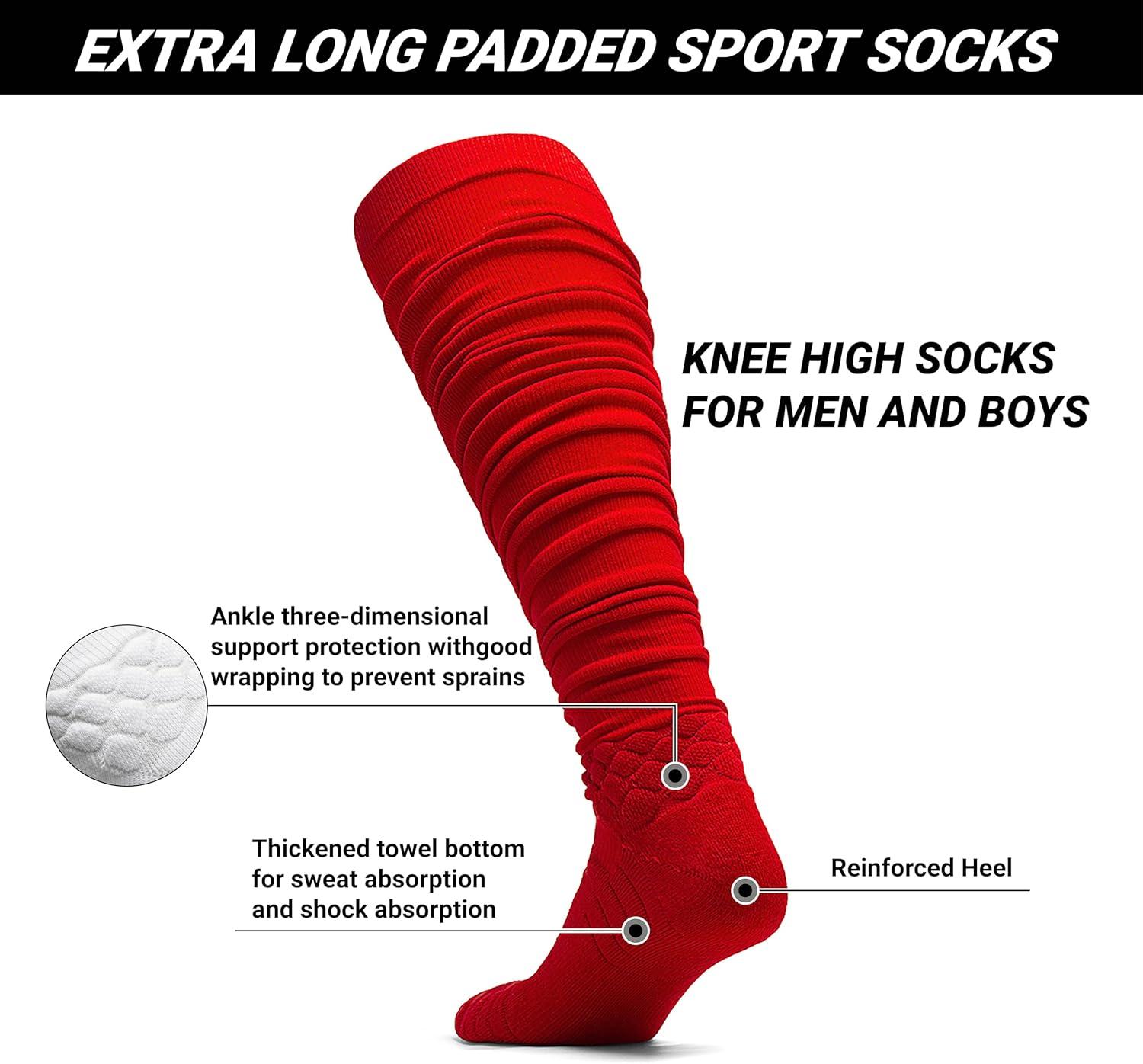 We Ball Sports Scrunch Football Socks, Extra Long Padded Sports Socks for Men & Boys (Red, L)
