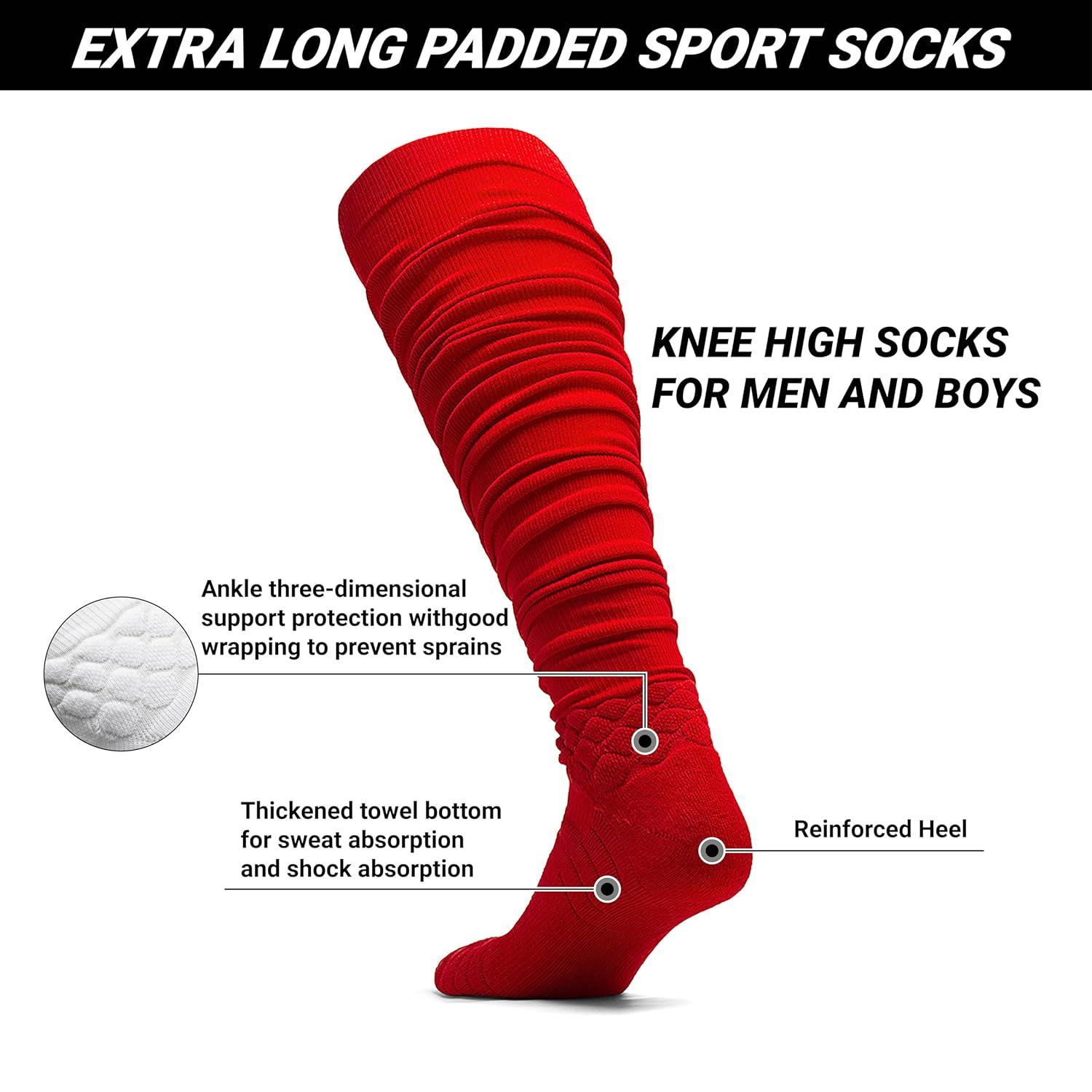 We Ball Sports Scrunch Football Socks, Extra Long Padded Sports Socks for Men & Boys (Red, L)