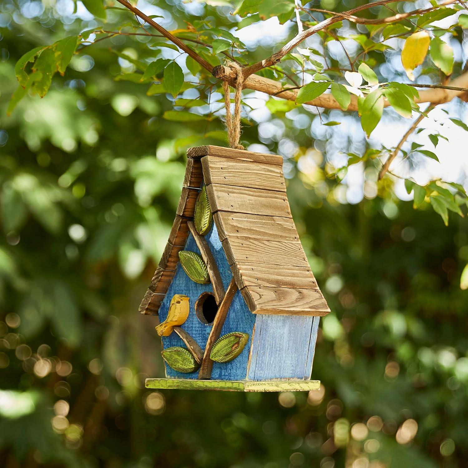 Distressed Blue Wooden Birdhouse with 3D Tree and Slatted Roof