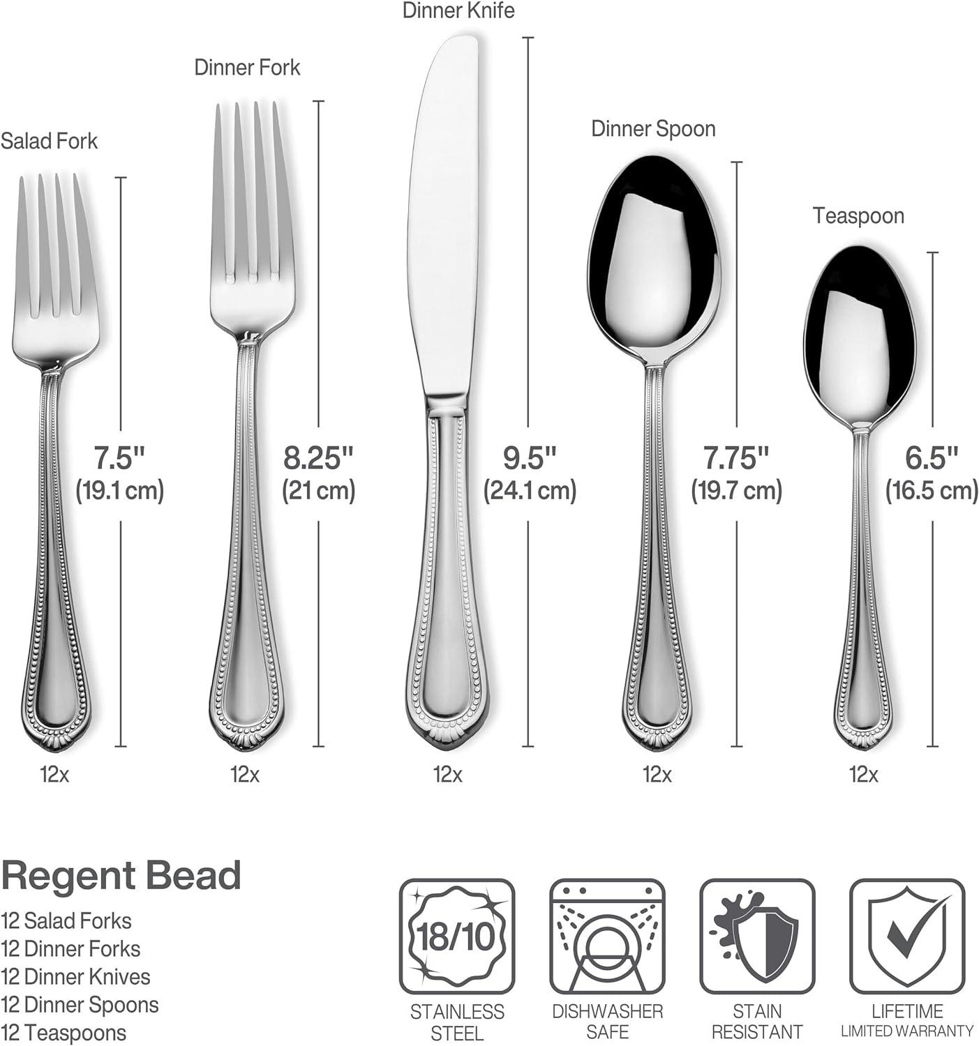 Regent Bead Polished Stainless Steel 65-Piece Flatware Set