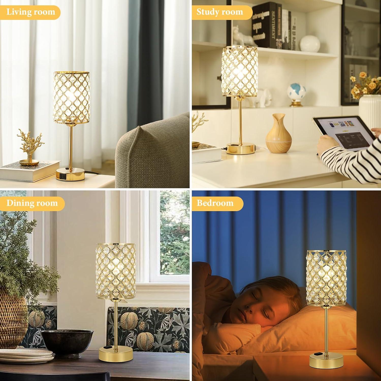 Crystal Touch Control Table Lamp - Dimmable Bedside Lamp with USB-C+A and AC Charging Ports, 3-Way USB Gold Lamp, Desk Light for Bedroom, Living Room, Home Office (Bulb Included, Set of 2)