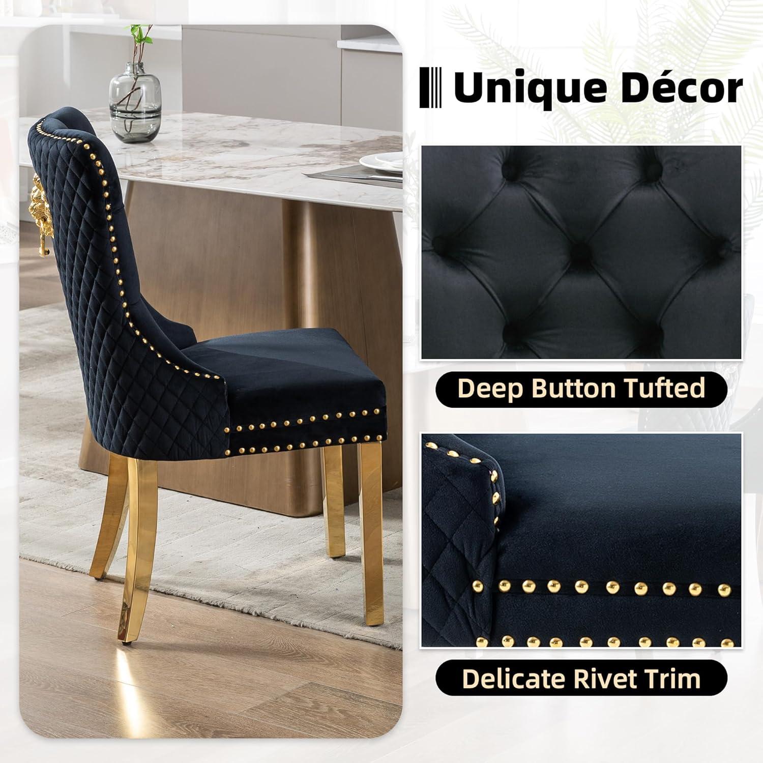 ODUSE-DAILY Black Velvet Dining Chairs Set of 6, Kitchen & Dining Room Chairs, Nailheads Tufted, Sillas De Comedor, Fabric Upholstered, Golden Metal Legs (Black, 6 Pcs)