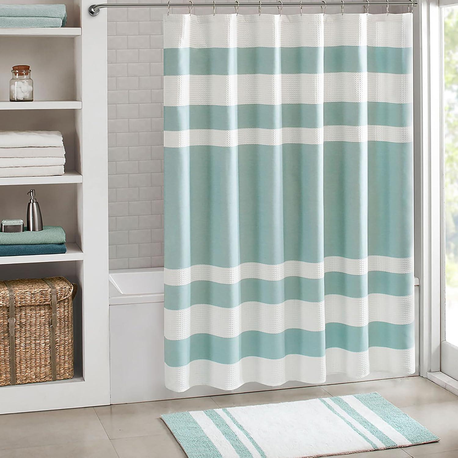 Aqua and White Waffle Weave Shower Curtain with 3M Treatment