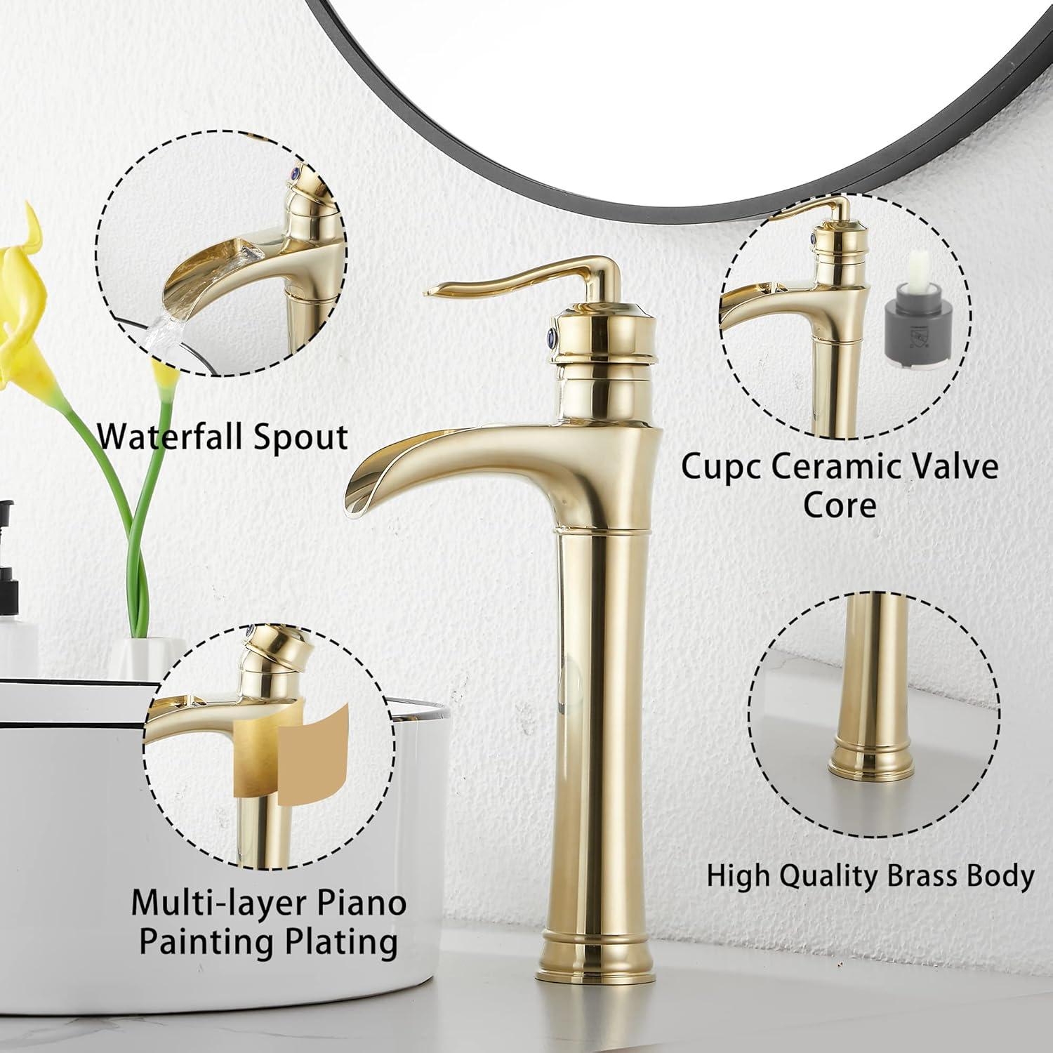 GGStudy Waterfall Single-Handle One Hole Bathroom Vessel Sink Faucet Matching Pop Up Drain Brushed Gold Farmhouse Bathroom Vanity Faucet