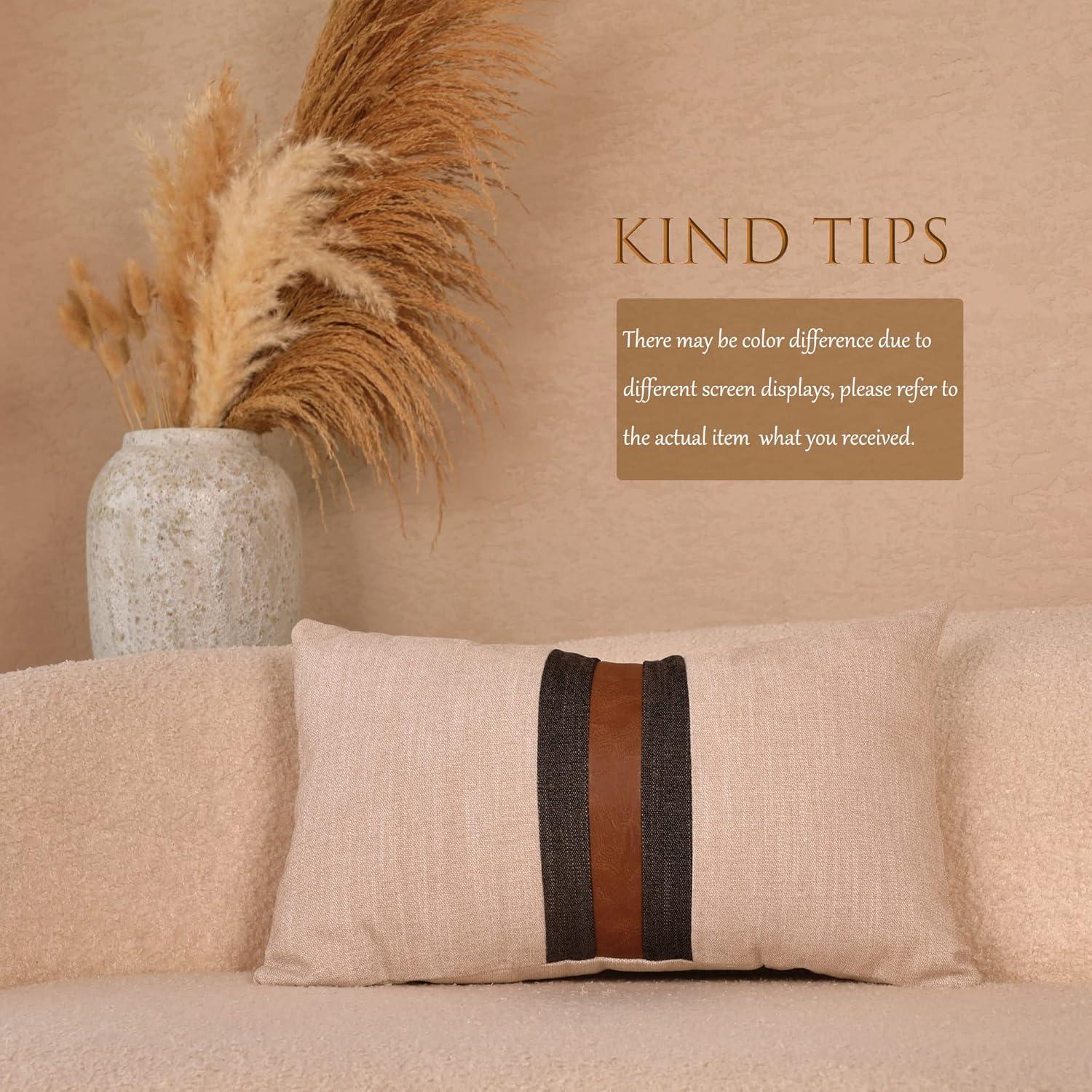 Beige and Brown Faux Leather Patchwork Pillow Covers, 12x20 Inch