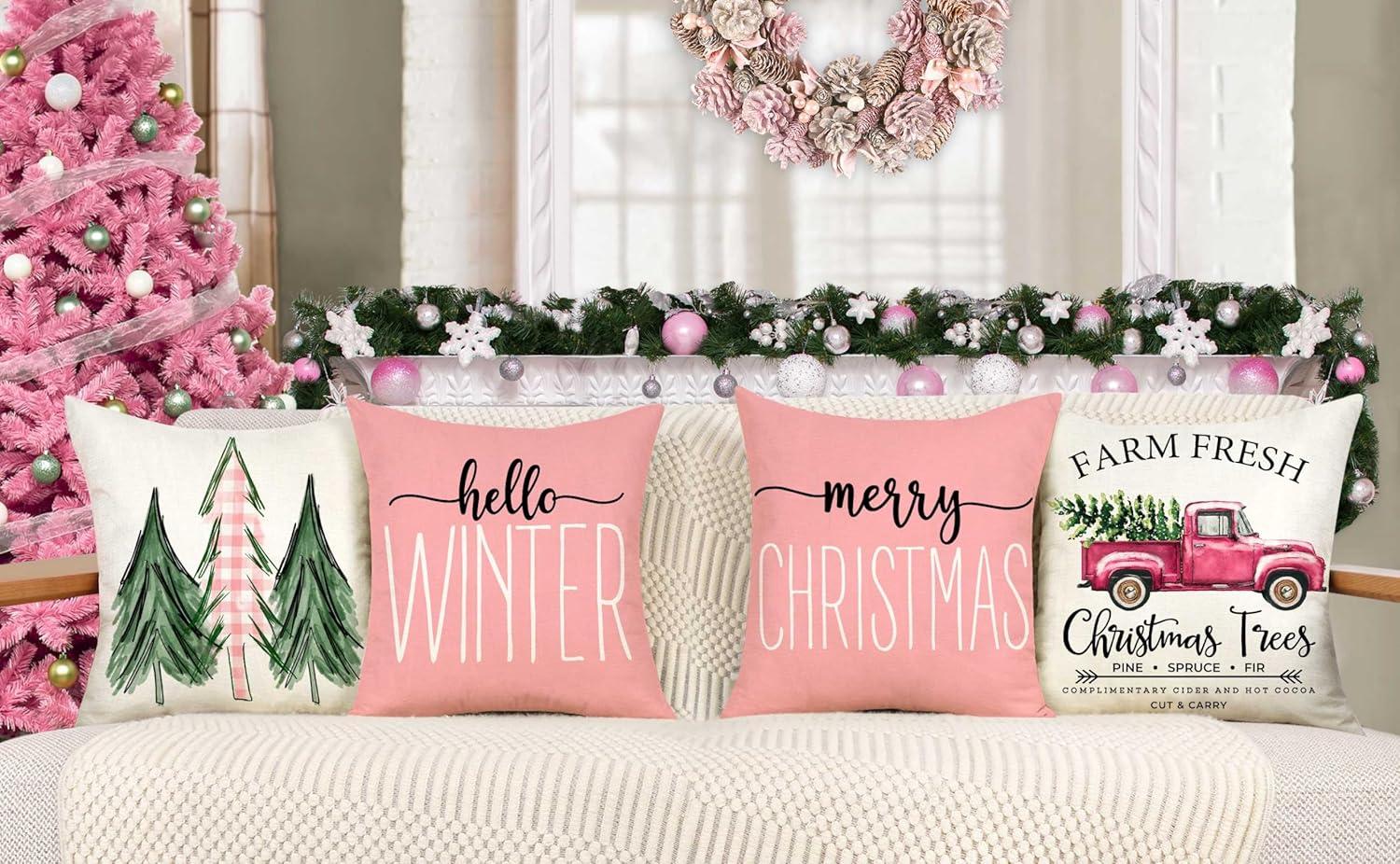 Pink Christmas Pillow Covers 18 x 18 Inch Set of 4 Striped Christmas Decorations Pink Christmas Tree Santa Claus Farmhouse Holiday Hello Winter Let it Snow Throw Pillows Cushion Case for Sofa Couch