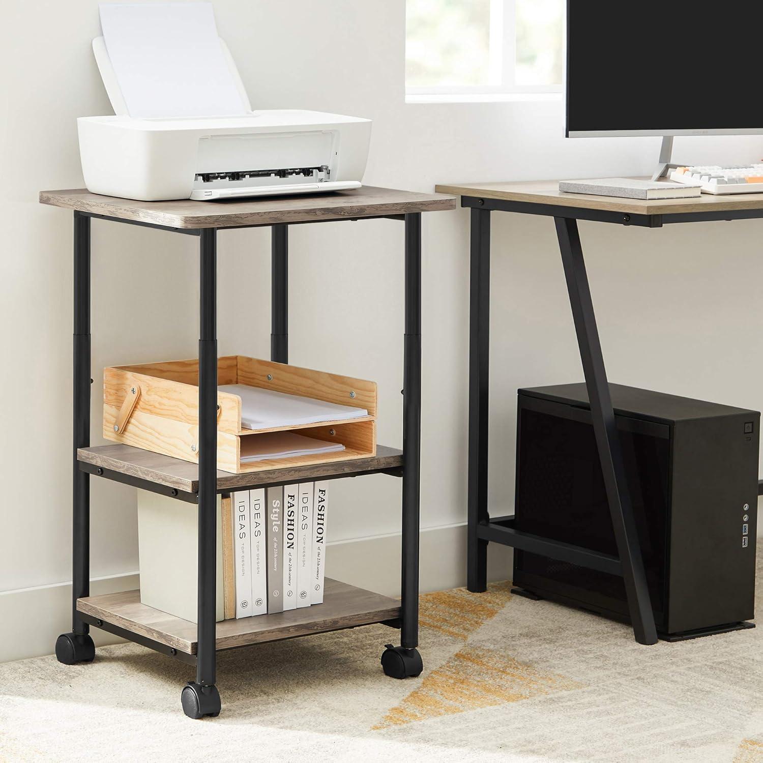 VASAGLE Printer Stand with Locking Wheels, 3-Tier Shelf, Industrial Under Desk Heavy-Duty Mobile Cart for Home Office, Heather Greige and Black UOPS003B02
