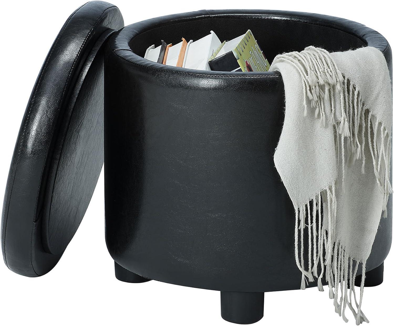 16" Round Black Faux Leather Ottoman with Reversible Tray