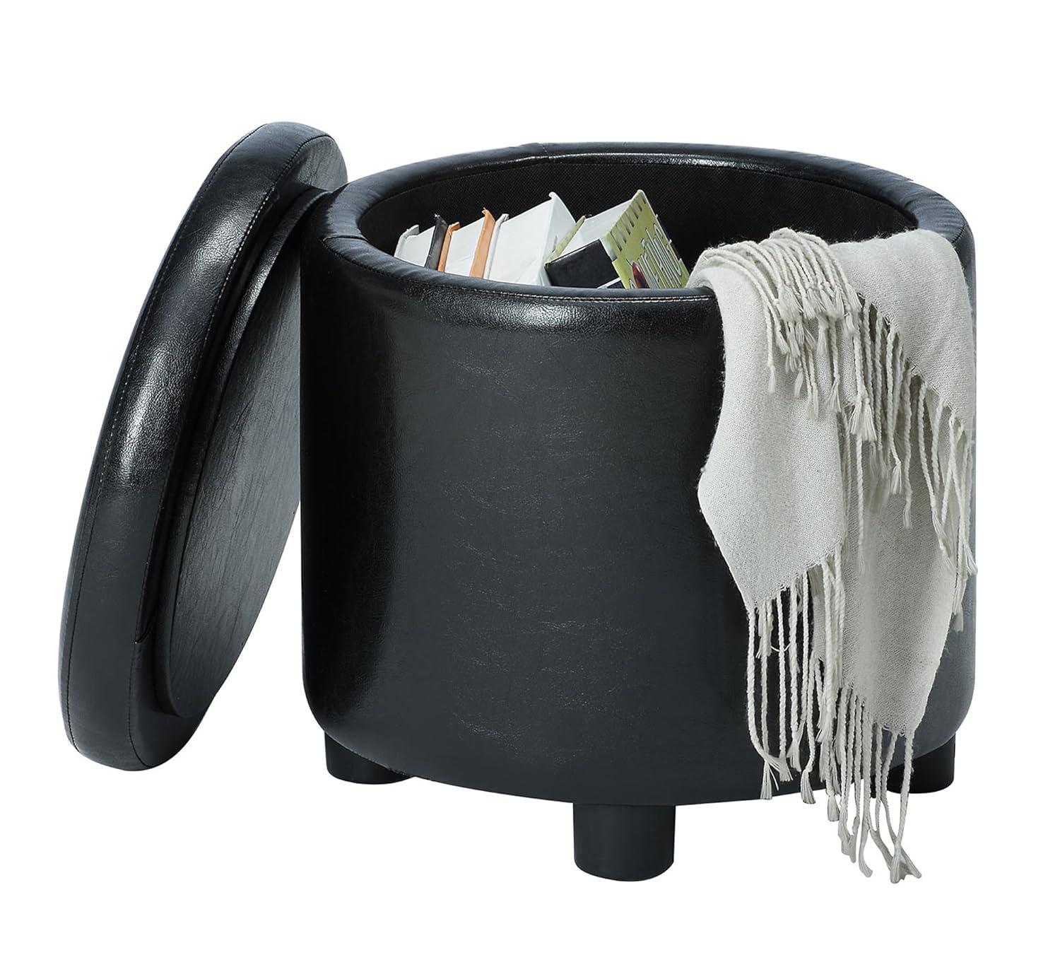 16" Round Black Faux Leather Ottoman with Reversible Tray