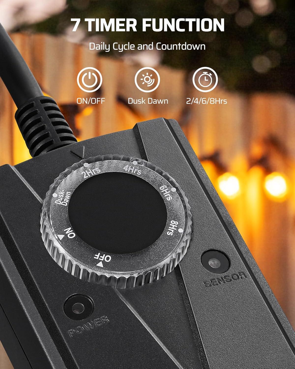 DEWENWILS Outdoor Mechanical Timer with 2 Outlets, Plug-in Christmas Light Timer, Waterproof, Electrical Outlets Timer for Holiday Decoration Lights, String Lights, 15A 1/2HP