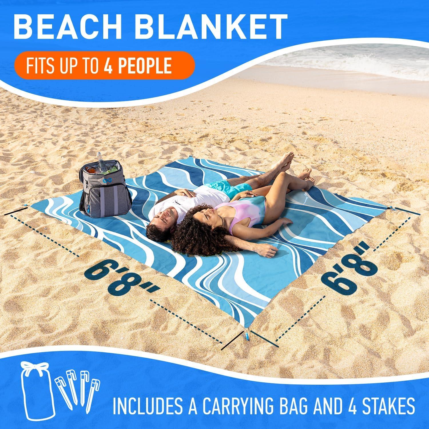 Everlasting Comfort 6-Person Beach Blanket, Oversized Extra Large Beach Mat, Tulum Blue
