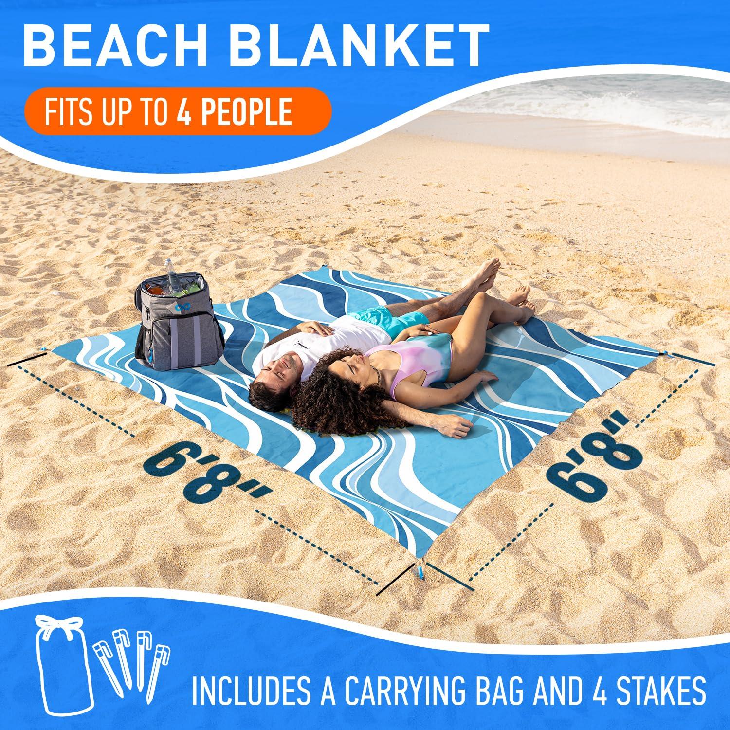 Everlasting Comfort 6-Person Beach Blanket, Oversized Extra Large Beach Mat, Tulum Blue