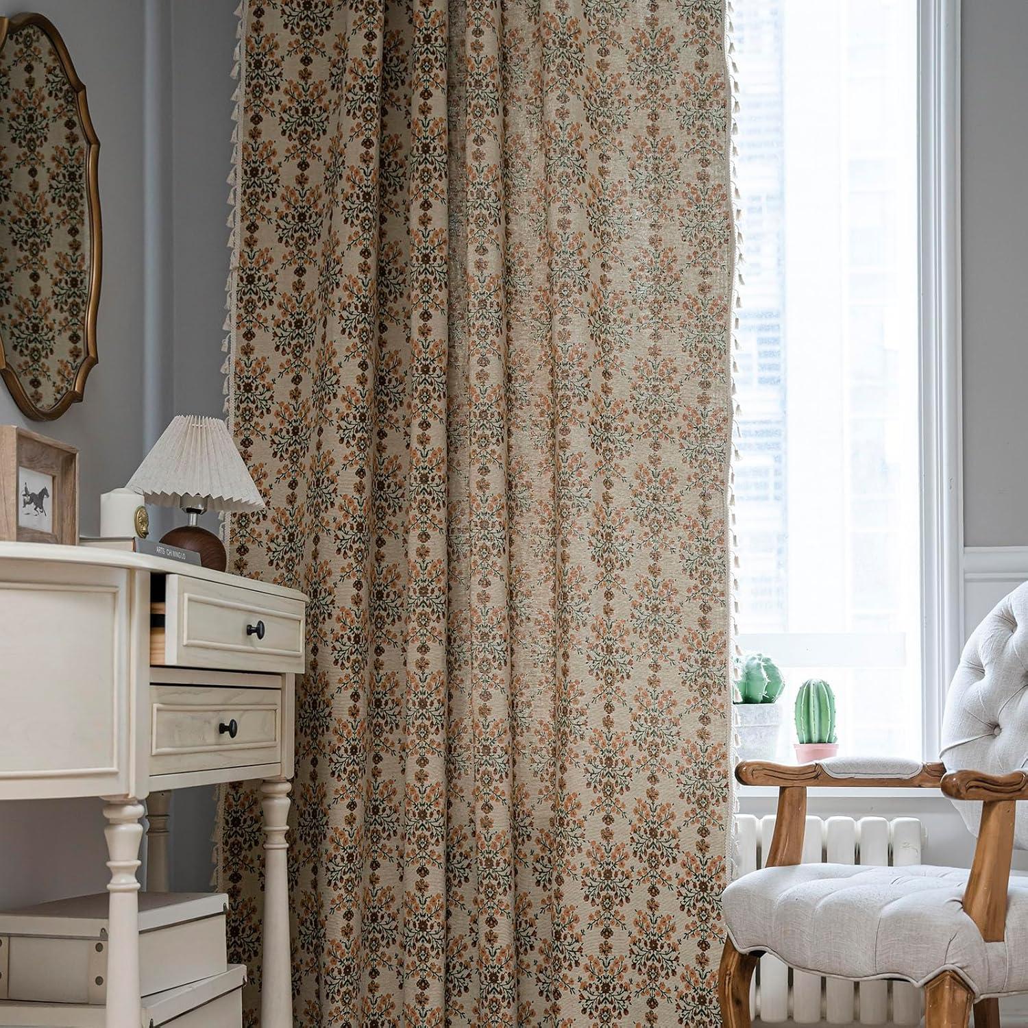 Floral Curtains 63 Inch Length 2 Panels Vintage Flower Patterned Drapes Boho Short Semi Sheer Tassel Rustic Country Rod Pocket Botanical Farmhouse Window Curtain Panels for Bedroom Living Room