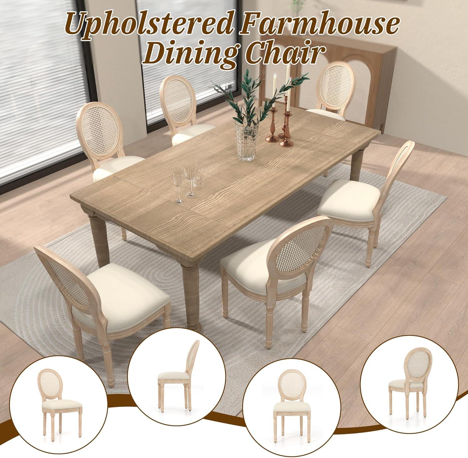 One Allium Way® French Style Rattan Back Solid Wood Upholstered Dining Chairs(Set of 6)