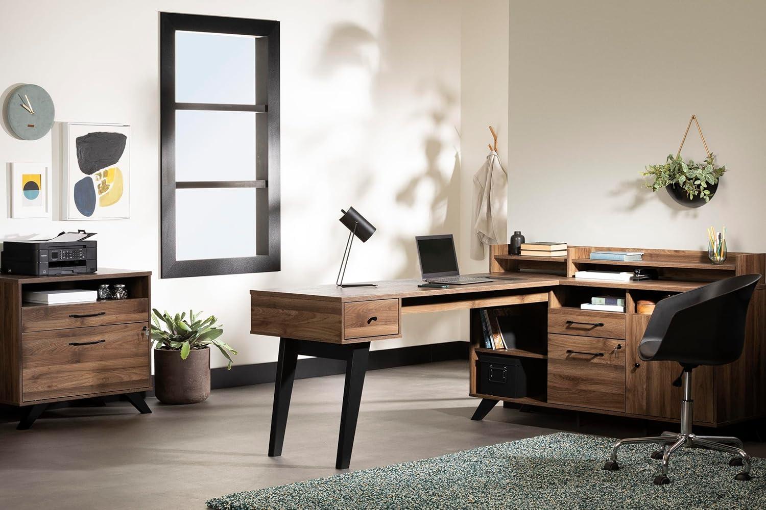 Natural Walnut L-Shaped Executive Desk with Hutch and Power Outlet