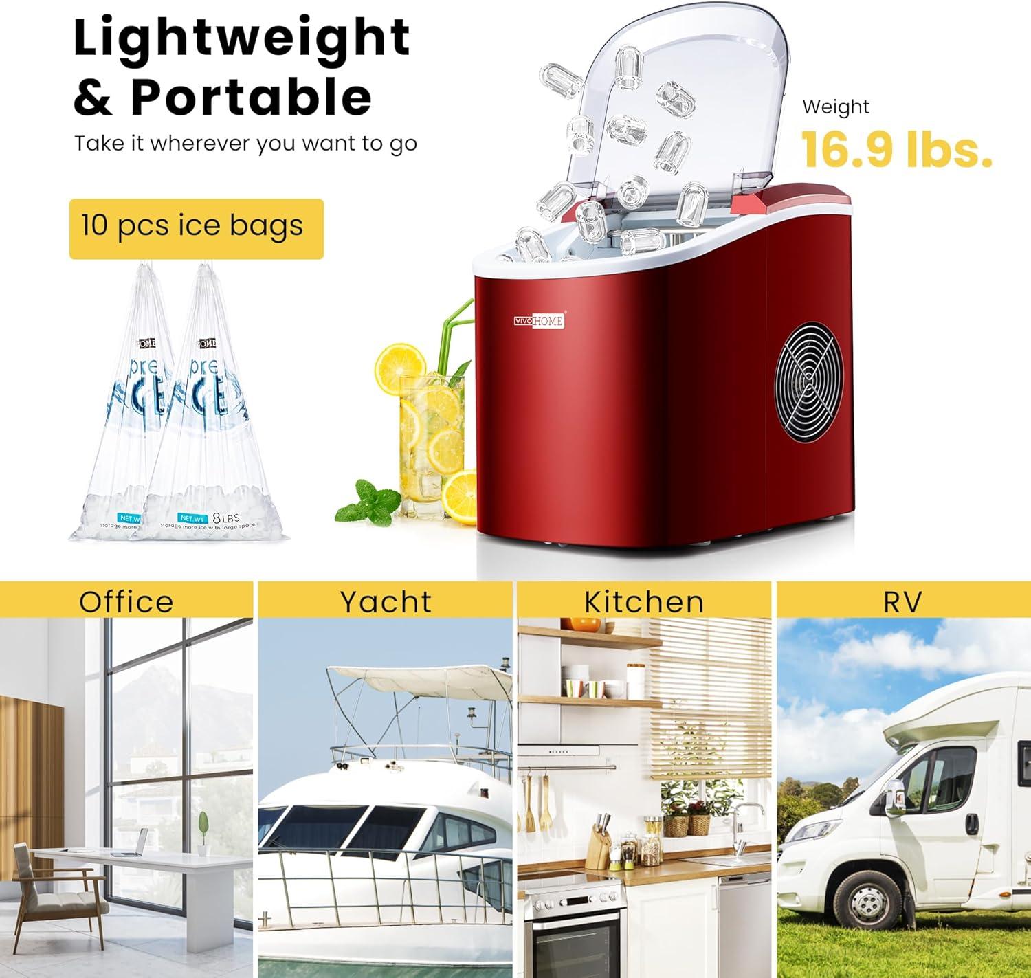 SPECSTAR Countertop Ice Maker 27Lbs/24H, Self-Cleaning Portable Ice Maker Machine with Hand Scoop 10 Ice Bags for Home/Kitchen/Party, Red