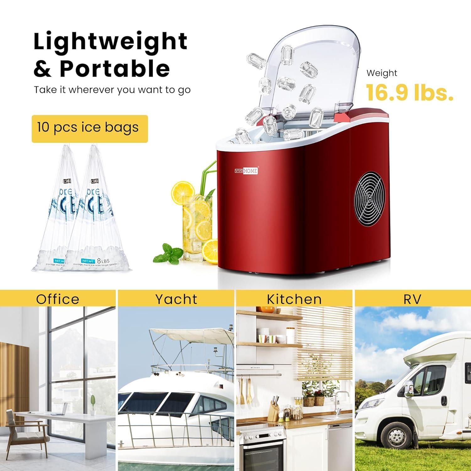 SPECSTAR Countertop Ice Maker 27Lbs/24H, Self-Cleaning Portable Ice Maker Machine with Hand Scoop 10 Ice Bags for Home/Kitchen/Party, Red