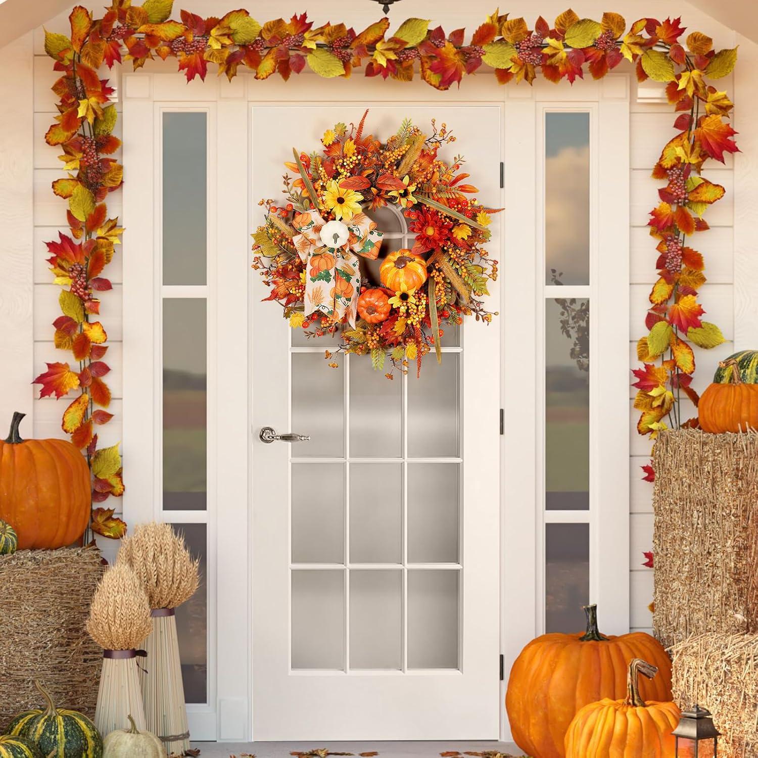 Fall Wreath 20’’ Autumn Front Door Wreath Harvest Wreath with Sunflower Pumpkins Berries Maple Leaves Daisies for Outside Indoor Home Wall Festival Thanksgiving Autumn Farmhouse Decor