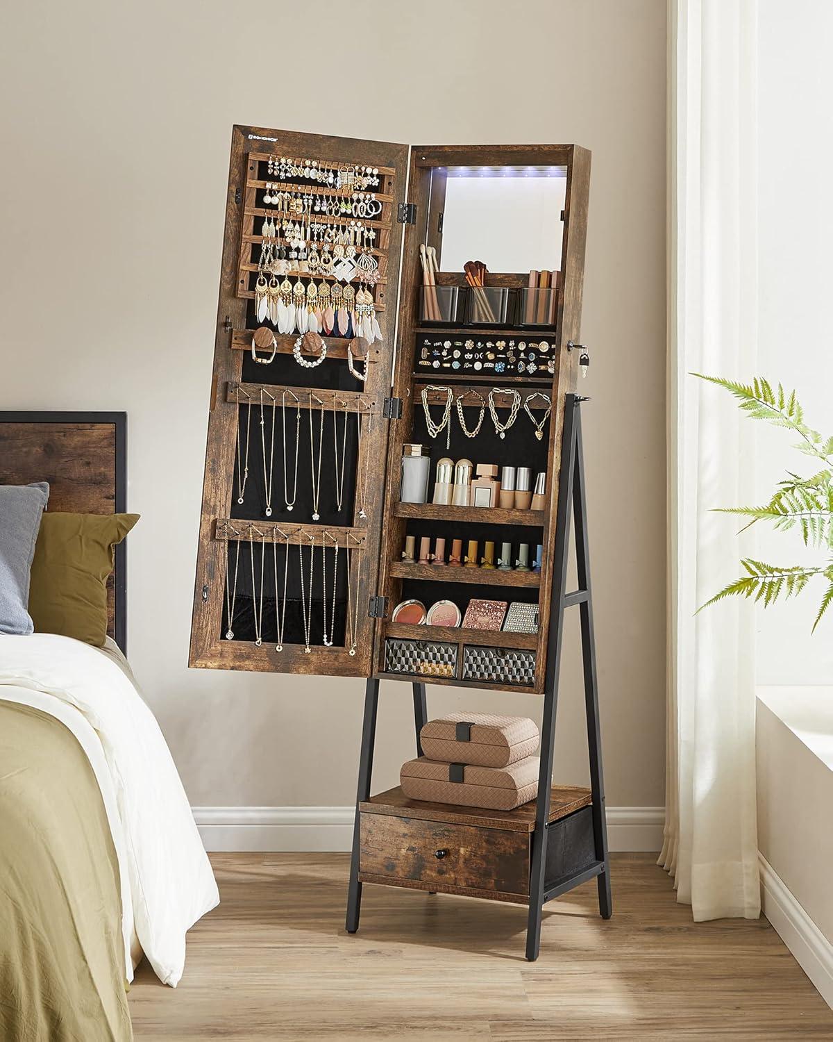 Rustic Brown Standing Jewelry Armoire with LED Mirror