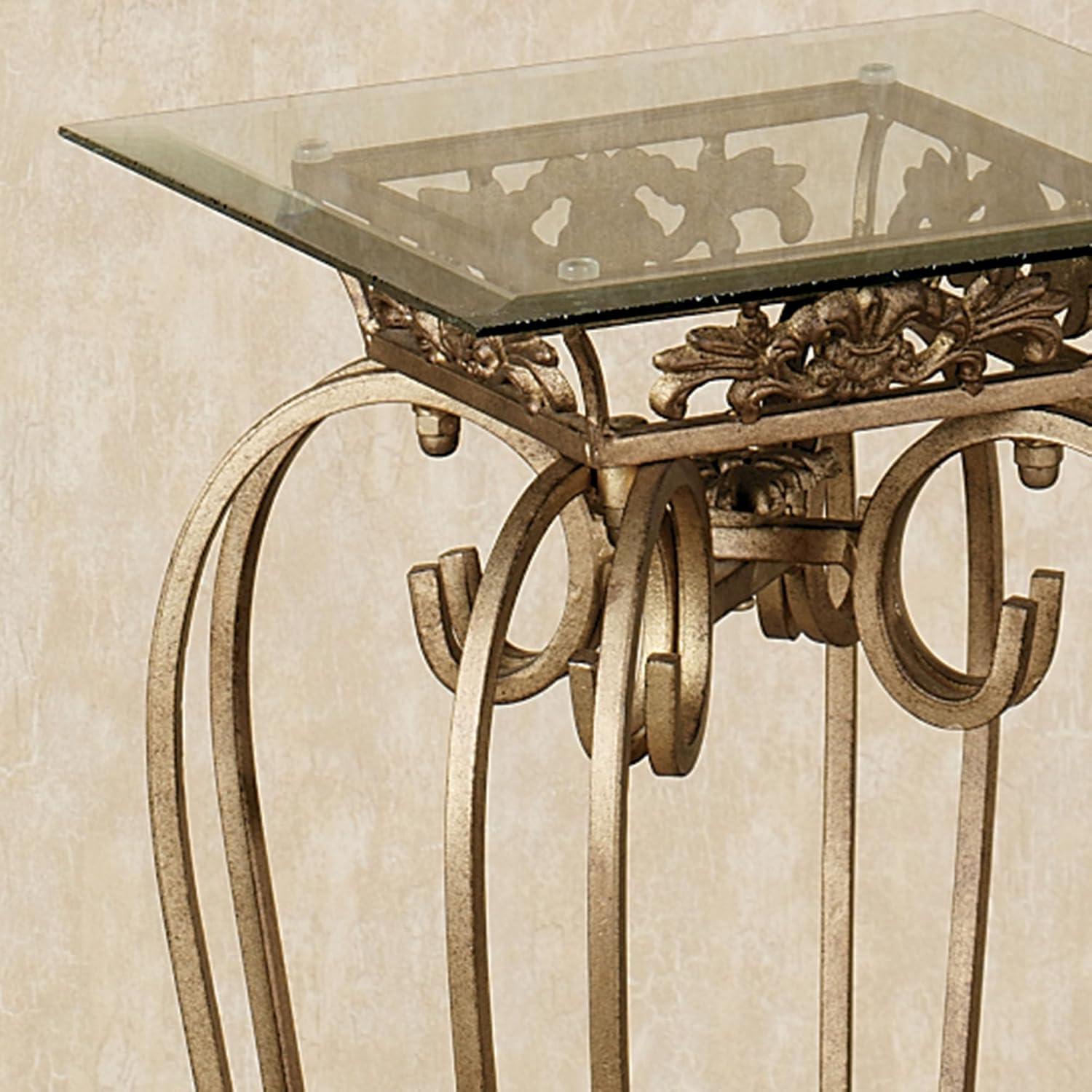 Chalcedony Metal Scroll Pedestal Table with Beveled Glass Top Antique Gold 36" High