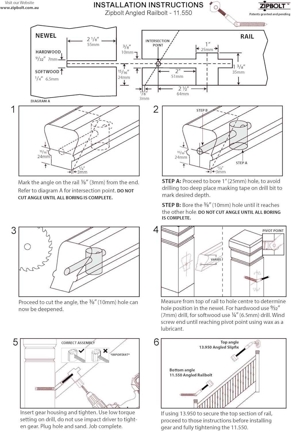 Zipbolt 11.560 Angled Railbolt — Angled Staircase Handrail to Newel Post Connector for Lower Connection, Residential and Commercial Installation, New Construction and Remodels — 1 Double Pack