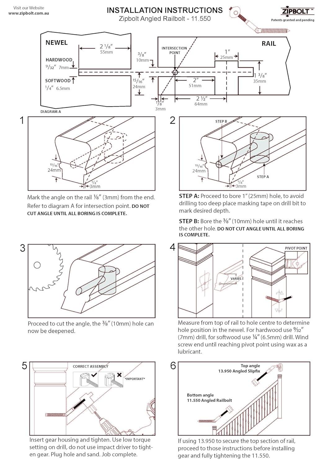 Zipbolt 11.560 Angled Railbolt — Angled Staircase Handrail to Newel Post Connector for Lower Connection, Residential and Commercial Installation, New Construction and Remodels — 1 Double Pack
