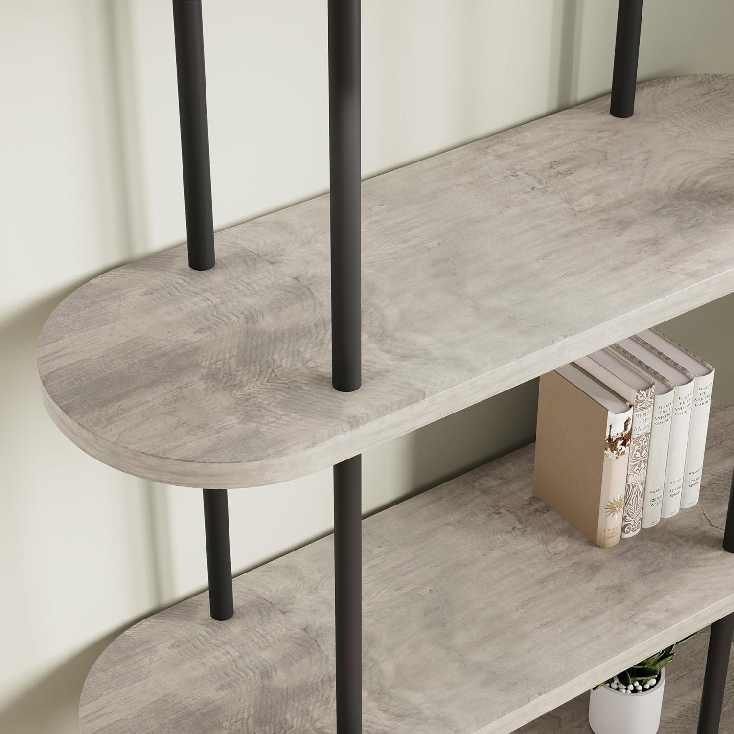 Black and Retro Five-Tier Arched Metal and Wood Bookshelf