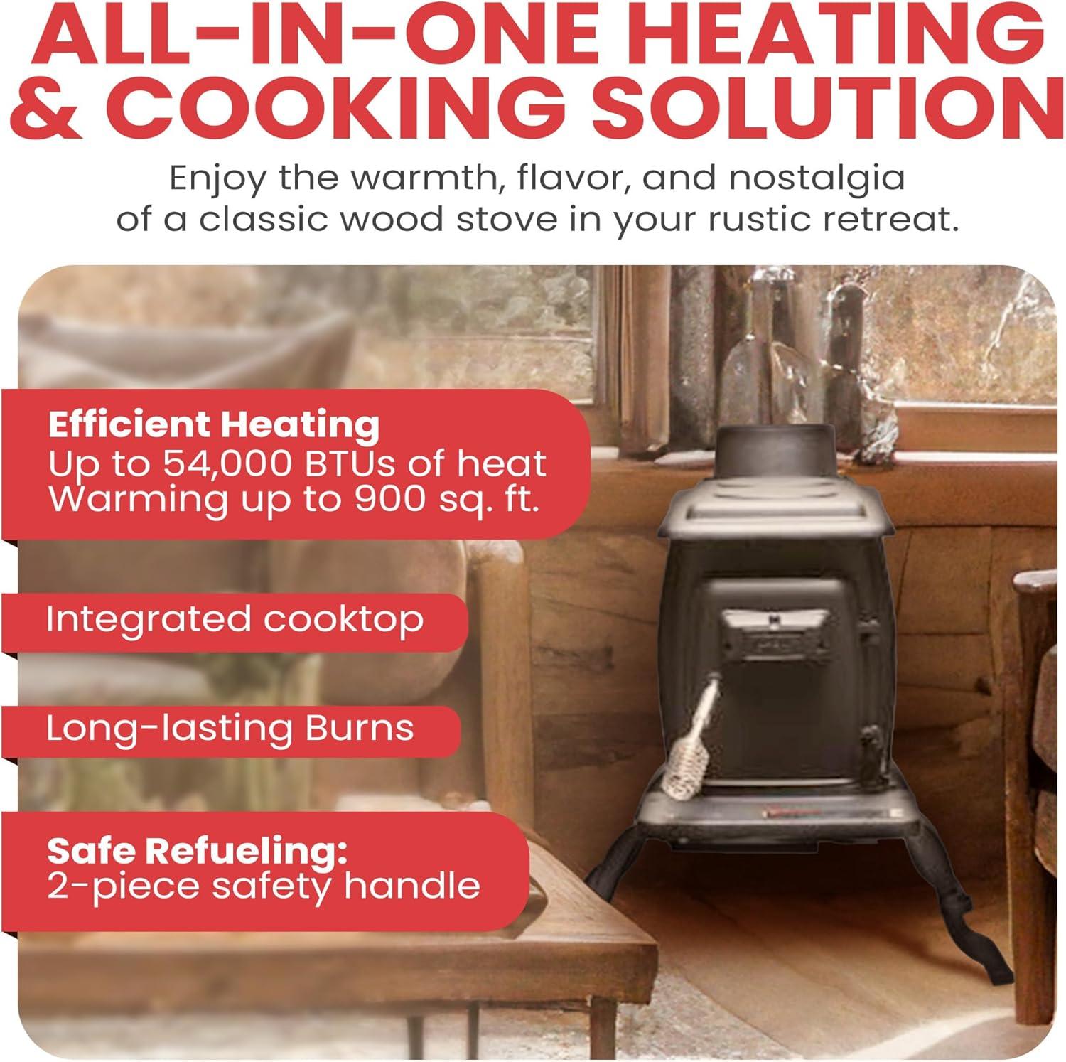 US Stove Company Rustic 900 Square Foot Clean Cast Iron Log Burning Wood Stove  Reaching Up T0 54,000 BTUswith Cool Touch Safety Handle