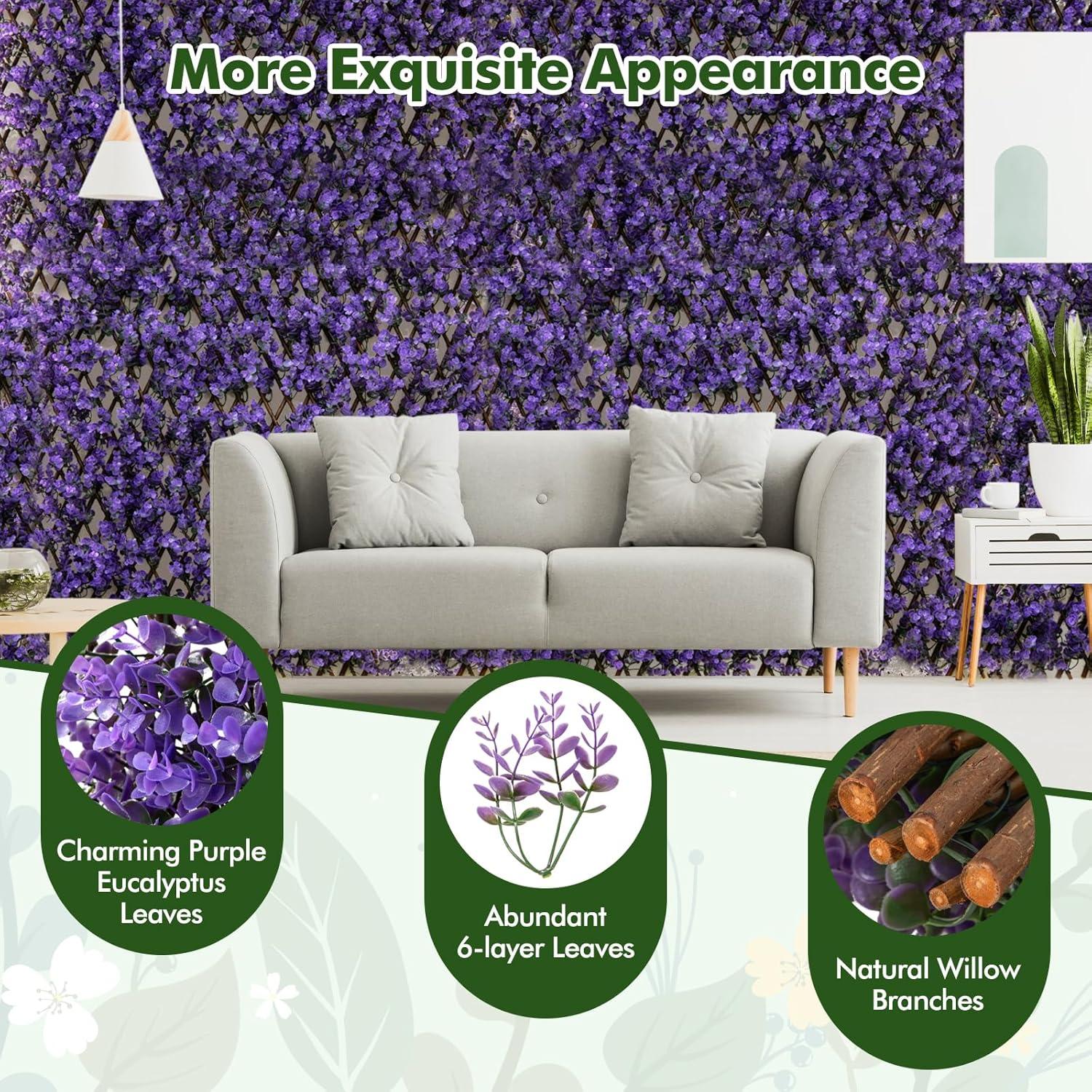 Tangkula Expandable Fence Privacy Screen Decorative Faux Purple Eucalyptus Fencing Panel