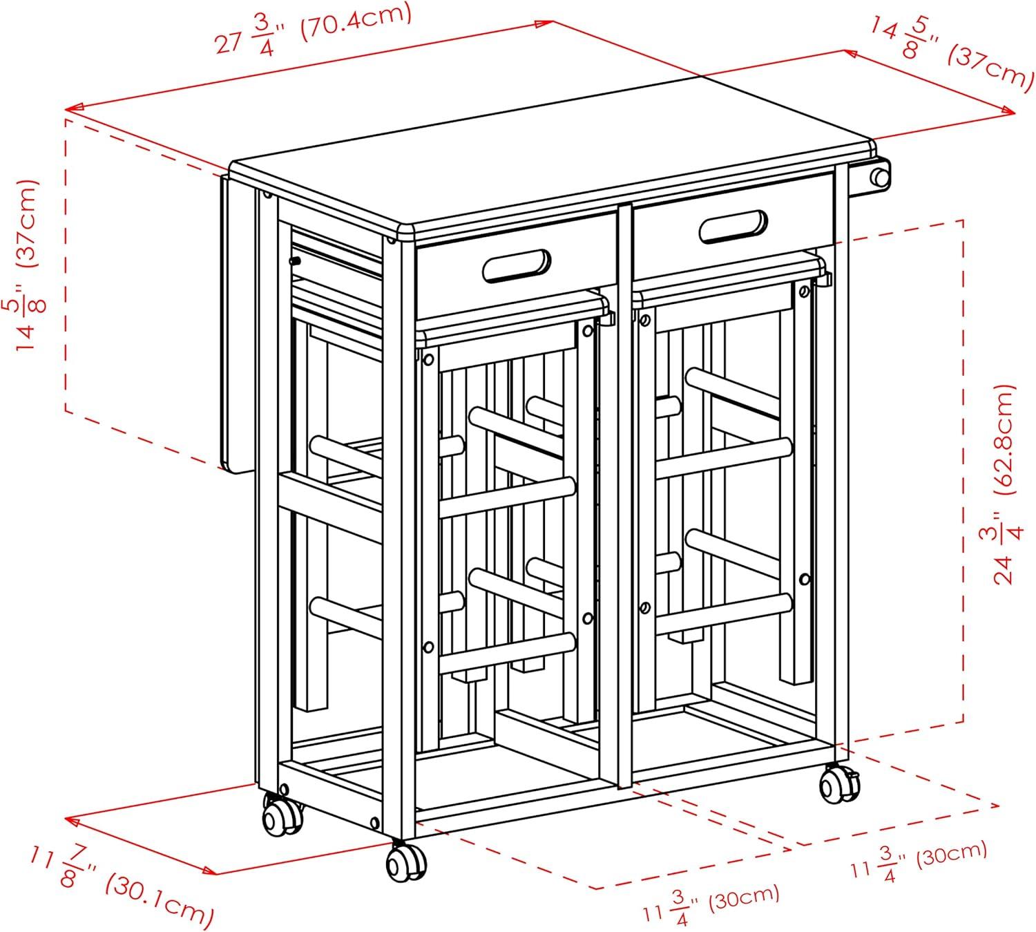 3pc Suzanne Space Saver Drop Leaf Dining Set Teak - Winsome: Compact, Storage Drawers & 2 Stools