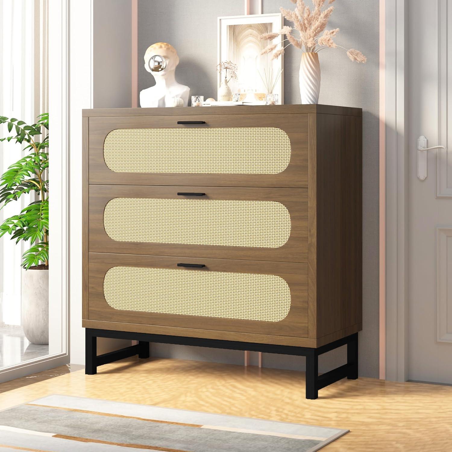 3 Drawer Dresser for Bedroom, Wide Modern Wooden Chest of Drawers, Accent Storage Cabinet Modern Bedside Table Golden Handles for Living Room, Entryway (Walnut Oak)