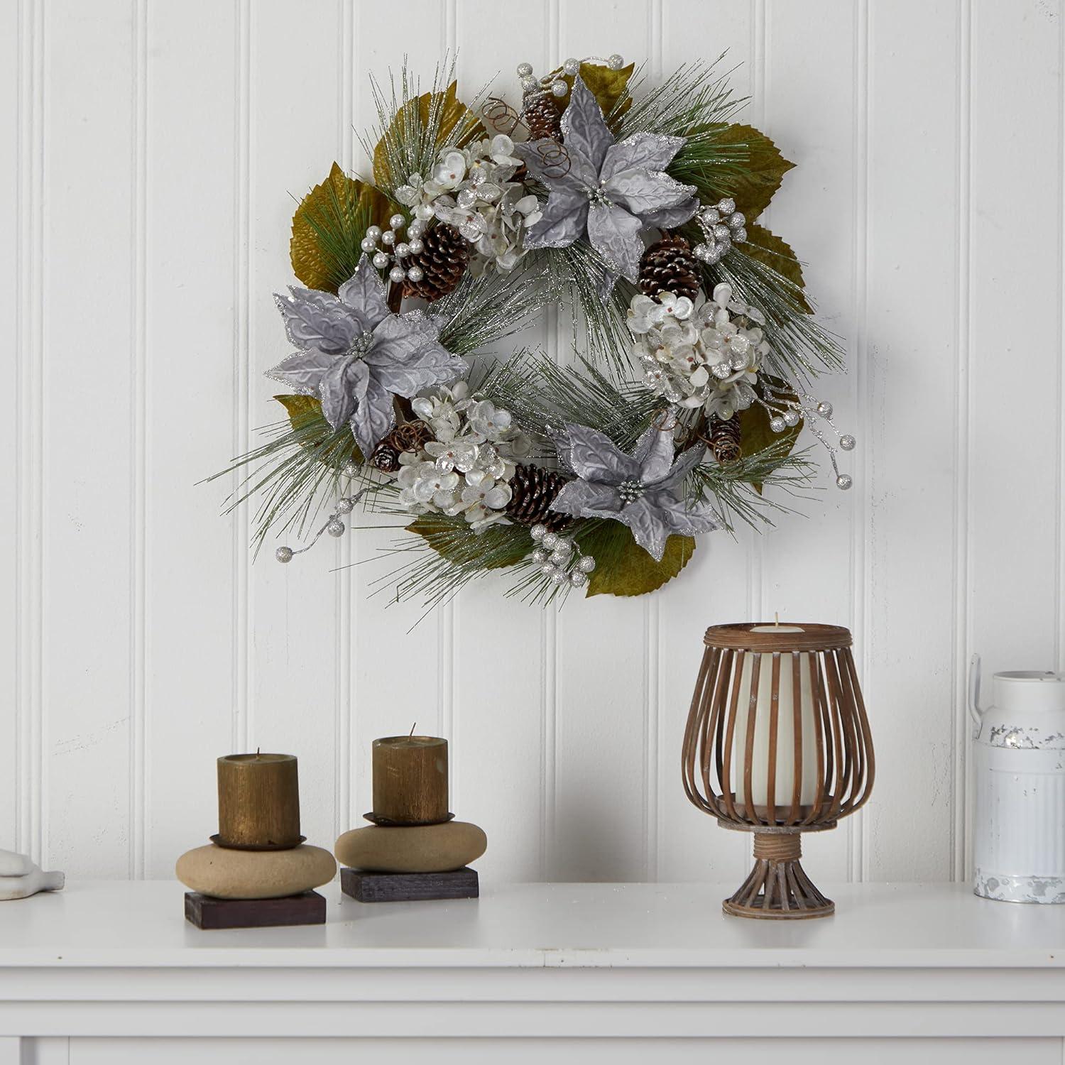 24" Silver and White Artificial Christmas Wreath with Pinecones and Hydrangeas