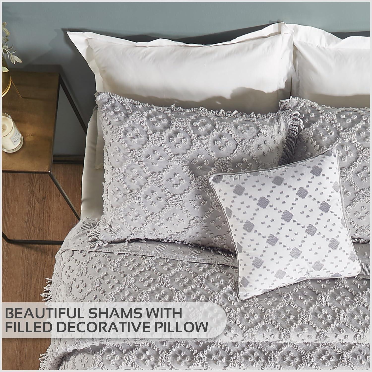 Better Trends Charleston Collection 100% Cotton Bedding sets, Machine Washable Soft and Breathable 4-piece Chenille Bedspread & Sham with Geometric Embroidery, All season