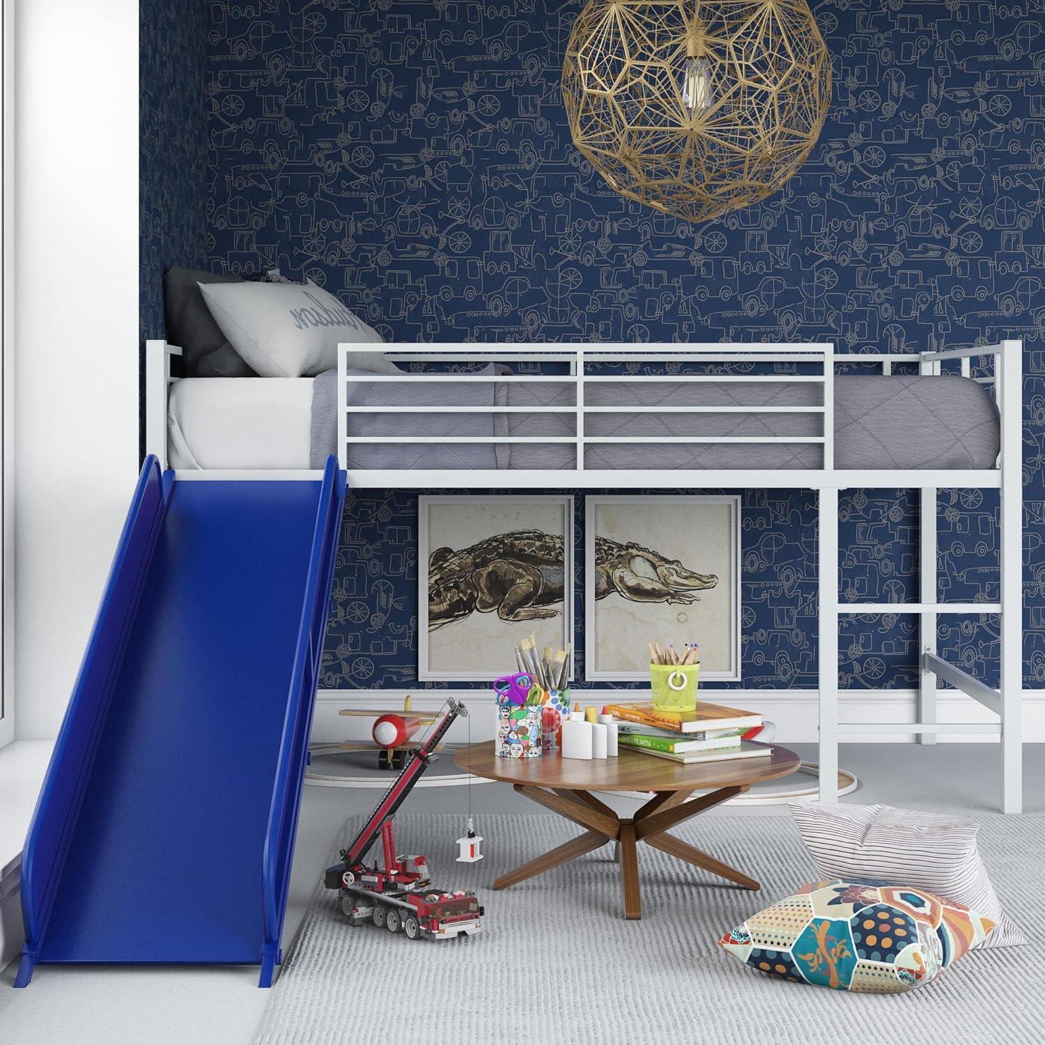 DHP Lively Junior Twin Metal Loft Bed, Silver with Blue Slide