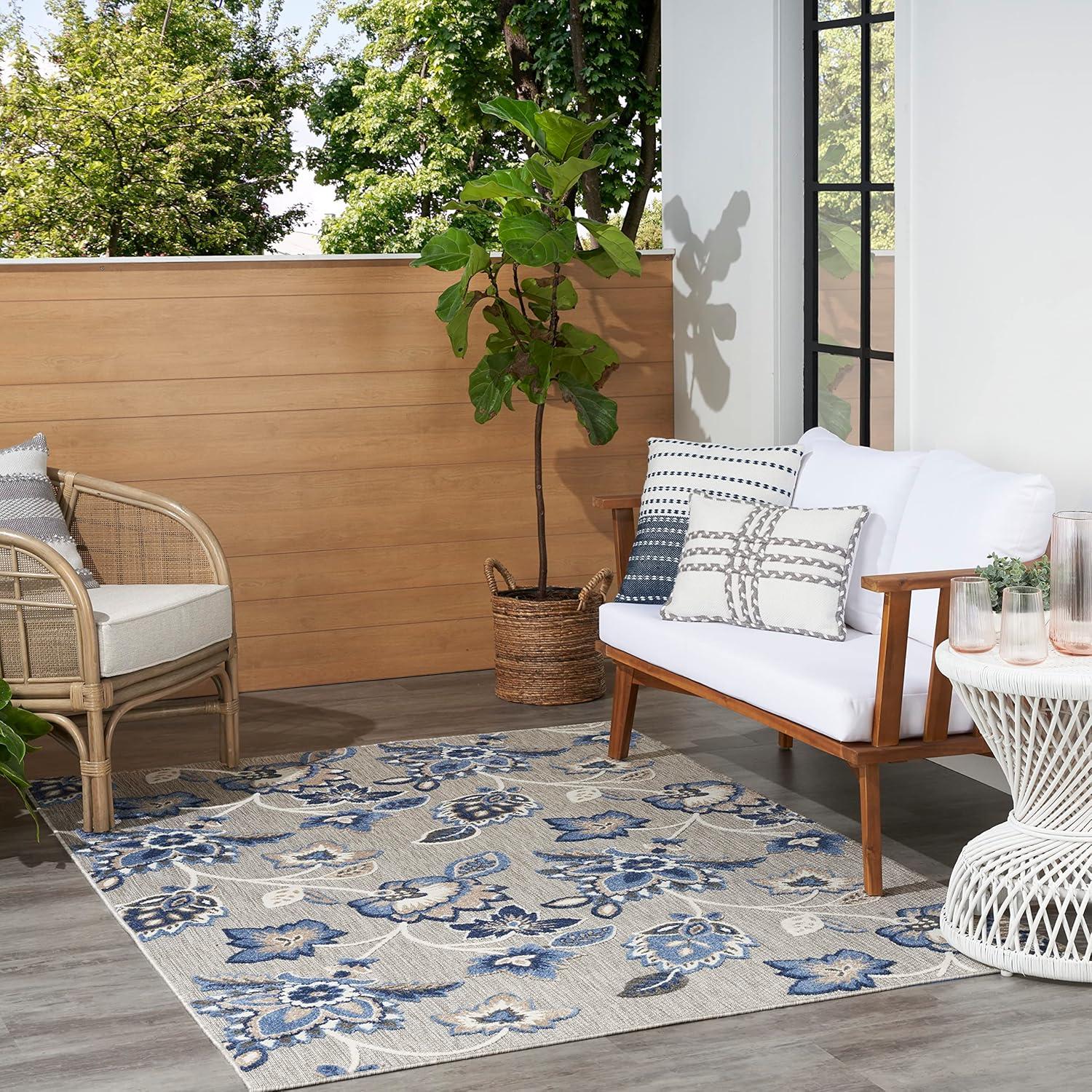 Nourison Aloha Floral Farmhouse Flatweave High-Low Indoor Outdoor Area Rug Blue Grey 7'10" x 10'6"