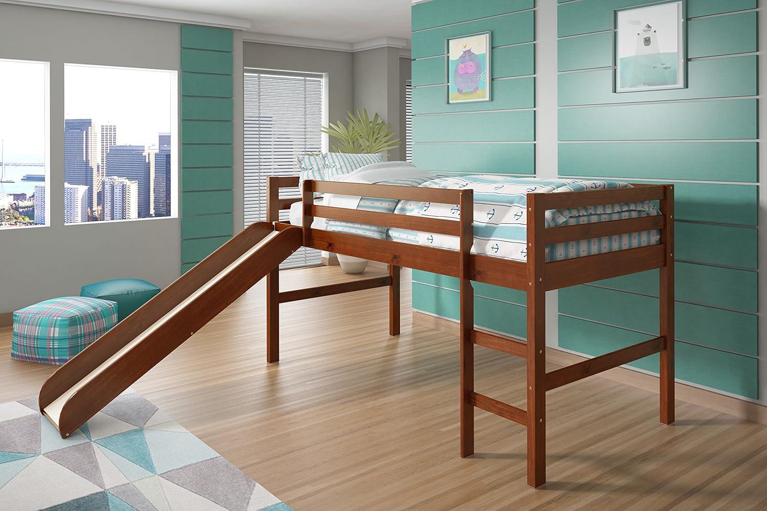 Espresso Pine Twin Loft Bed with Slide and Headboard