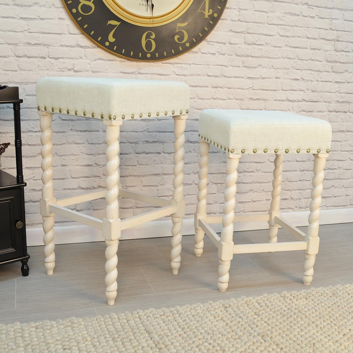 Carolina Chair & Table Flora 30" Bar Stool with Linen Upholstered Seat - Solid Wooden Frame, Twist Turned Legs with Antique Brass Nailhead Trim Accent Stool for Kitchens, Bars (Vintage White)