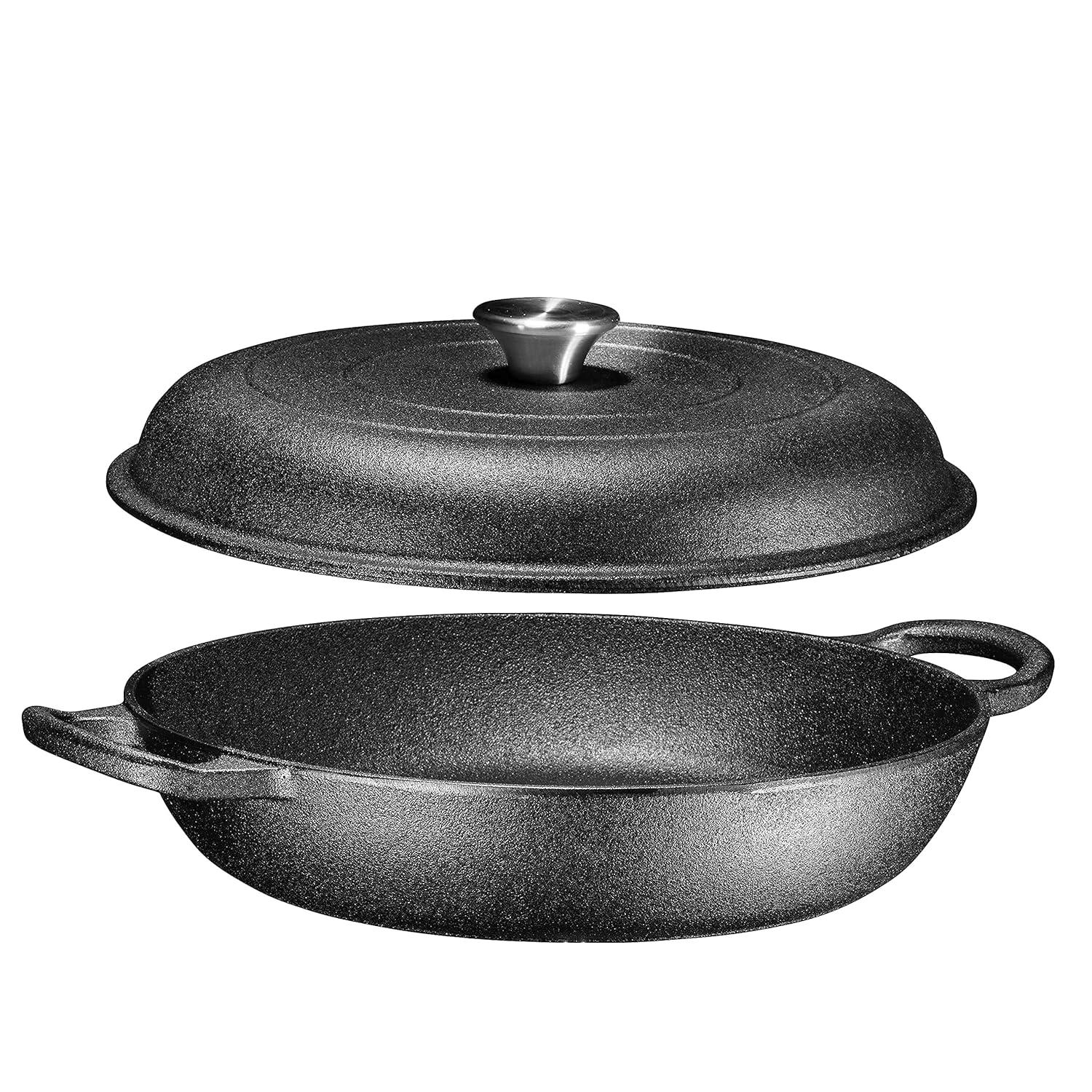 Bruntmor | Heavy Duty Pre-Seasoned Cast Iron Casserole Braiser - Pan With Cover