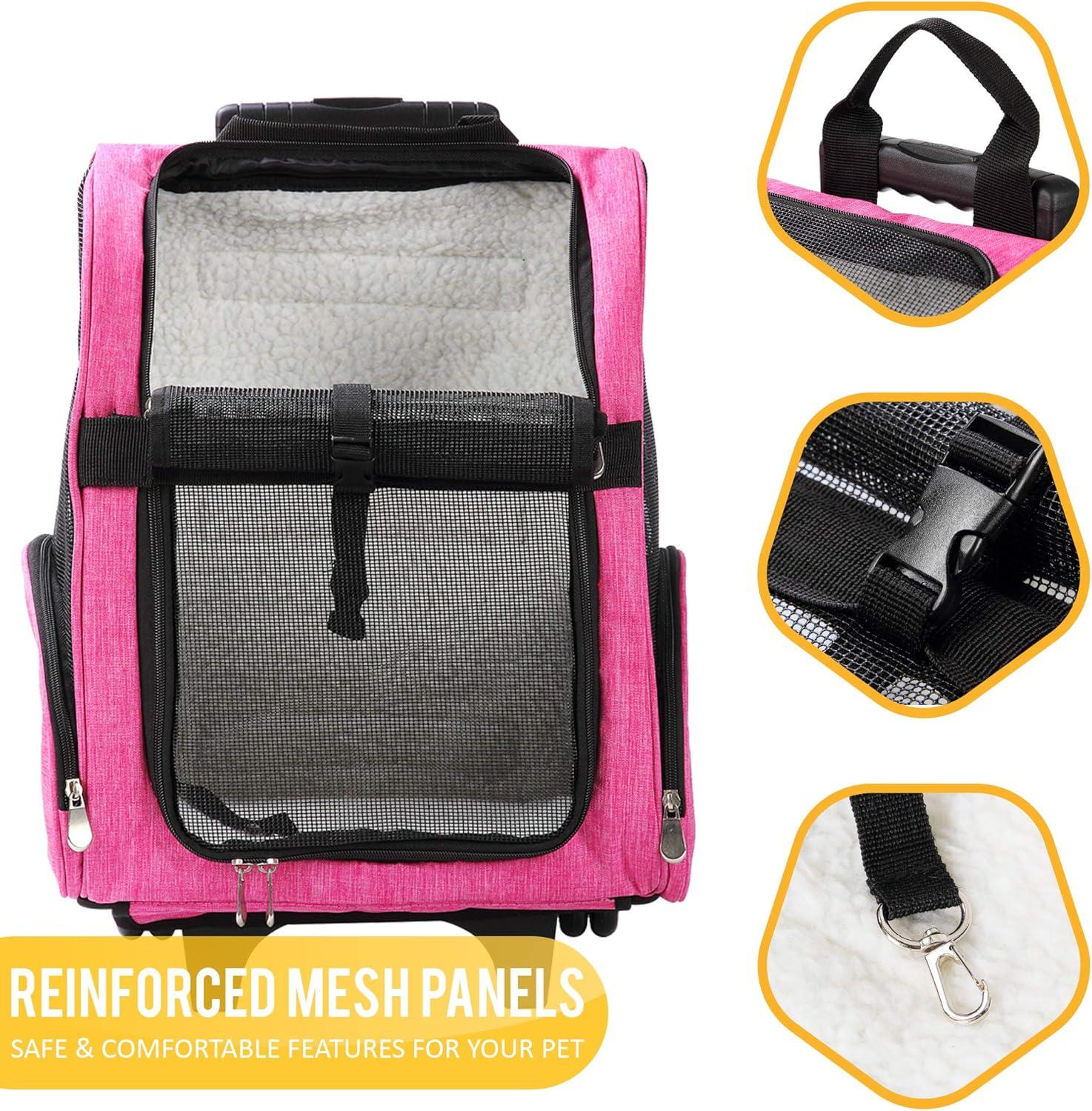 Pink Rolling Backpack Pet Carrier with Mesh Panels