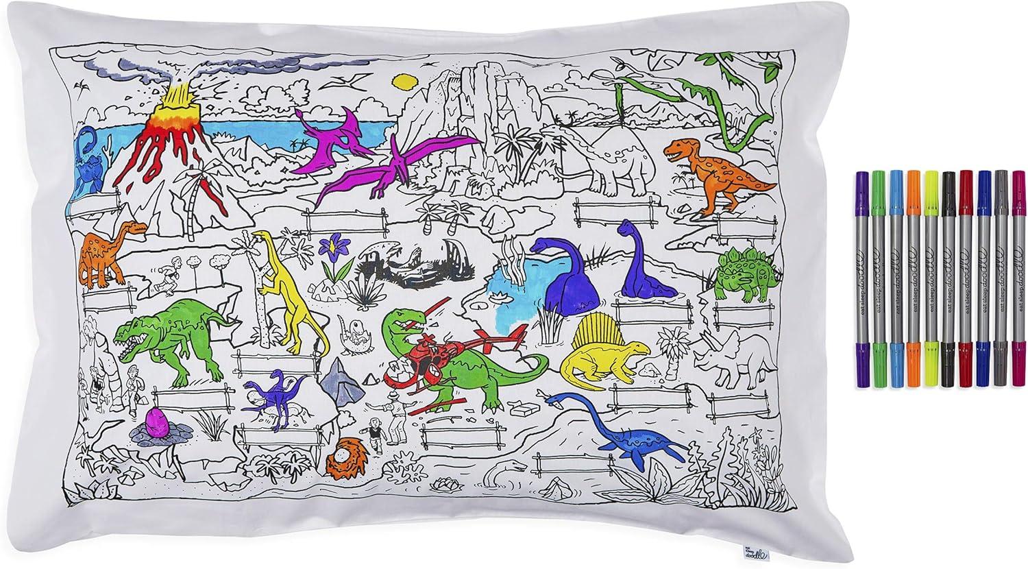 eatsleepdoodle Coloring Cotton Pillowcase with Washable Markers - Dinosaur Color in Activity Craft Kit for Boys and Girls Age 3+