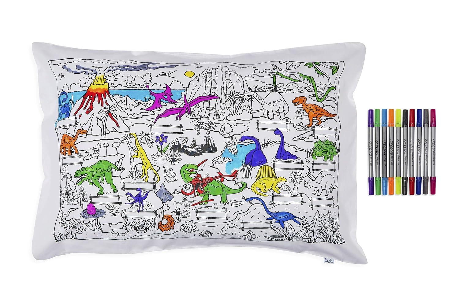 eatsleepdoodle Coloring Cotton Pillowcase with Washable Markers - Dinosaur Color in Activity Craft Kit for Boys and Girls Age 3+
