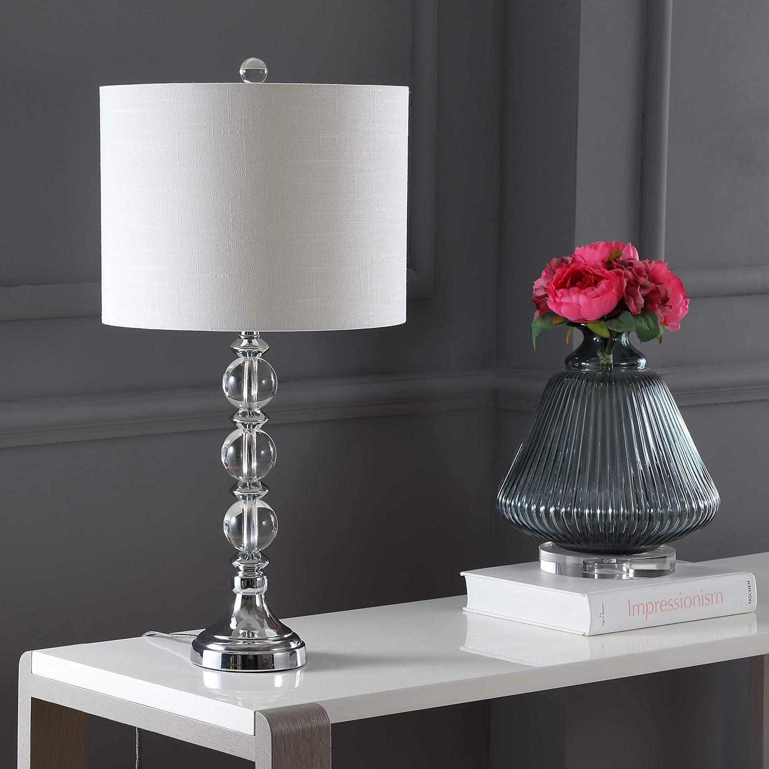 Elegant Clear Crystal 26" LED Table Lamp Set, White Linen Shade