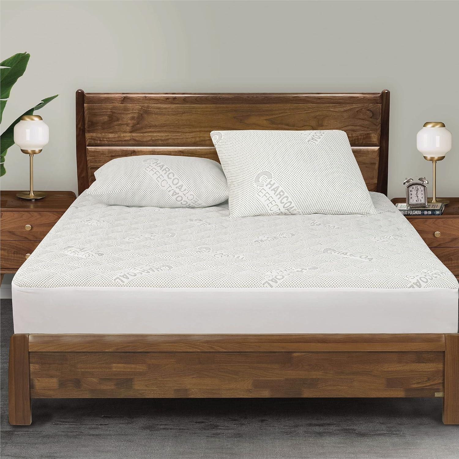 Water-Resistant Charcoal Effects Odor Control and Cooling Fitted Mattress Pad, Twin, White