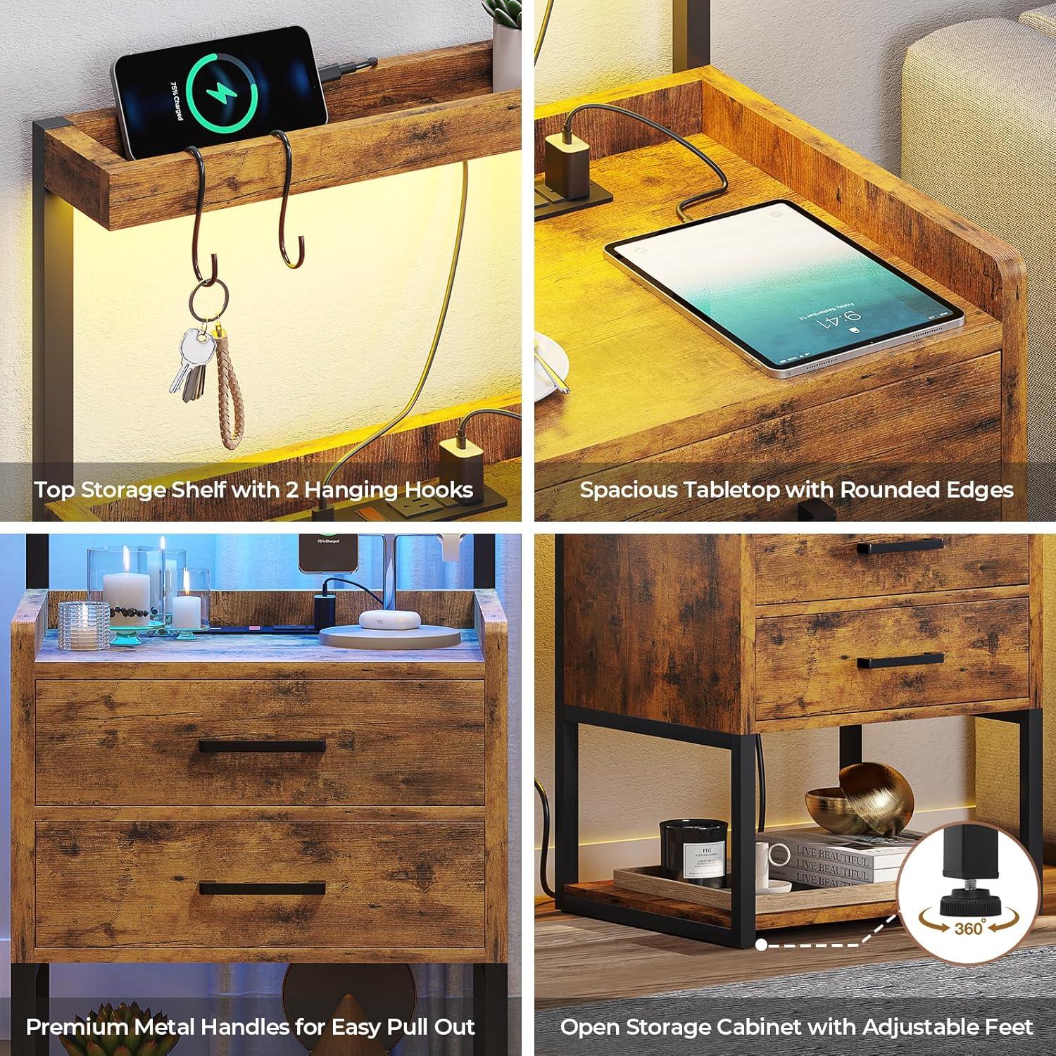 Brown LED Night Stand with Charging Station, Modern Bedside Table for Bedroom