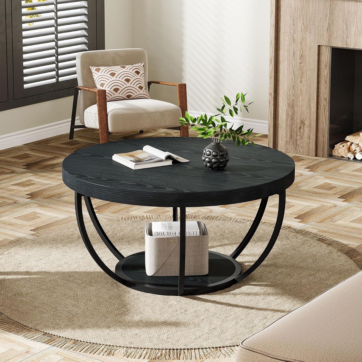 Kepooman Wooden Coffee Table, 2-Tier Round Central Cocktail Table with Shelves,White