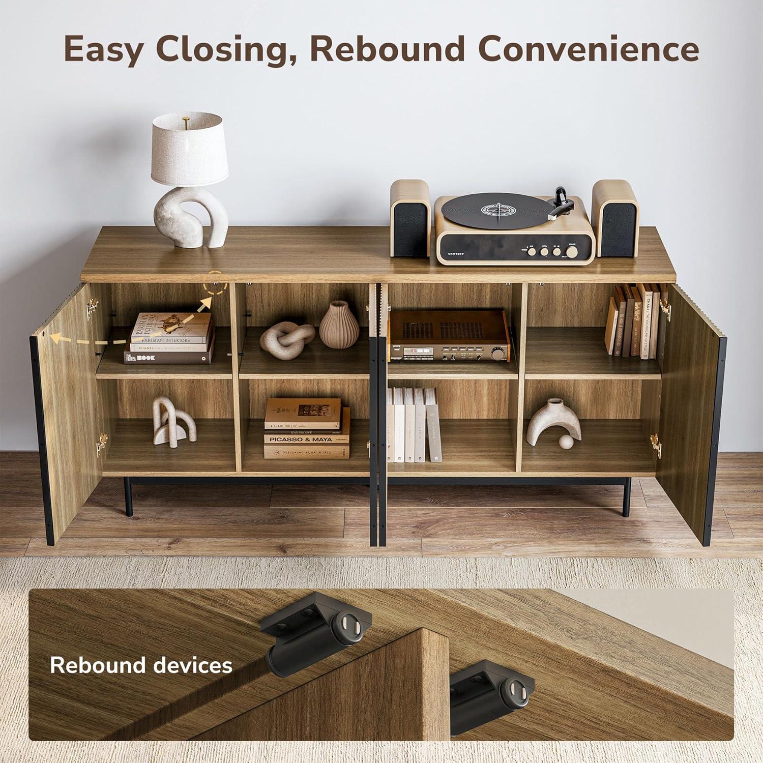 BELLEZE Sideboard Buffet Cabinet, 63" Storage Cabinet with 4 Doors and Adjustable Shelves, Sideboard Cabinet for Dinning Room, Kitchen & Living Room - Colemen (Camel)