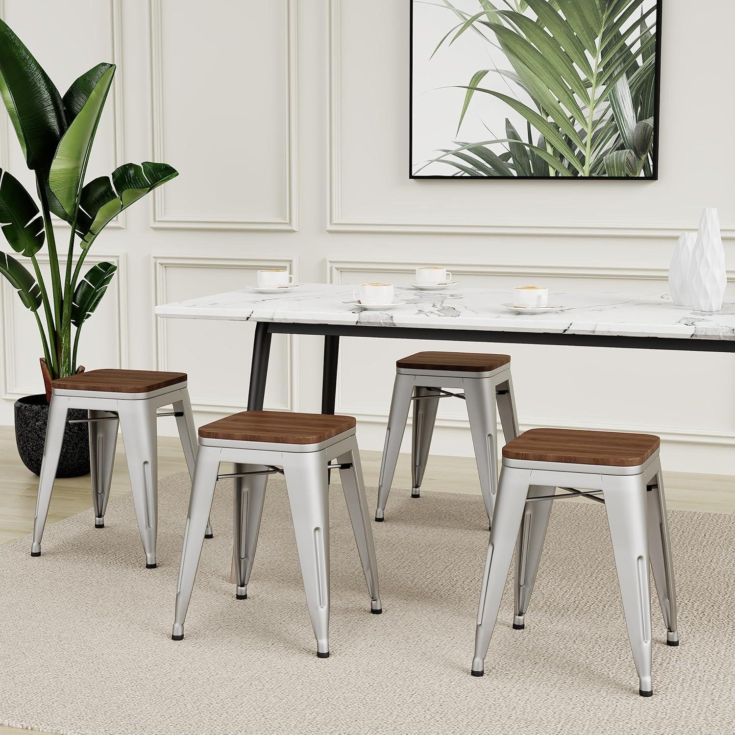 Flash Furniture 18" Backless Table Height Stool with Wooden Seat, Stackable Silver Metal Indoor Dining Stool, Commercial Grade - Set of 4